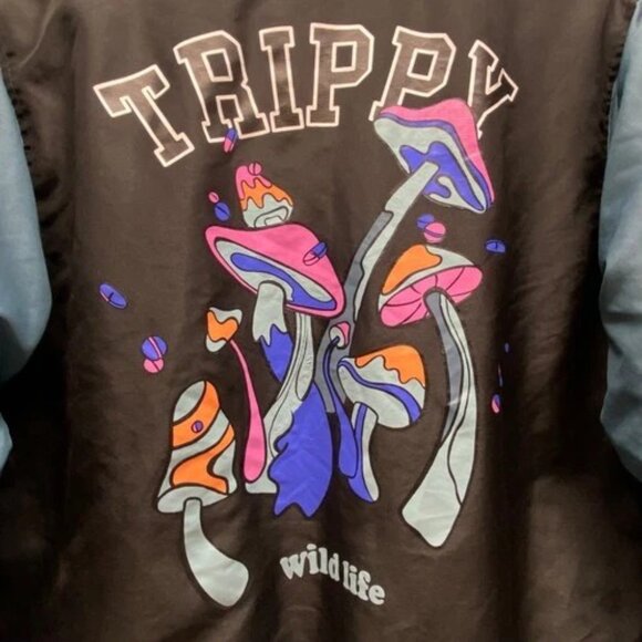 Rue21 Varsity Bomber Jacket Men's Medium Black Teal Trippy Wild Life Graphic EUC - Picture 5 of 13